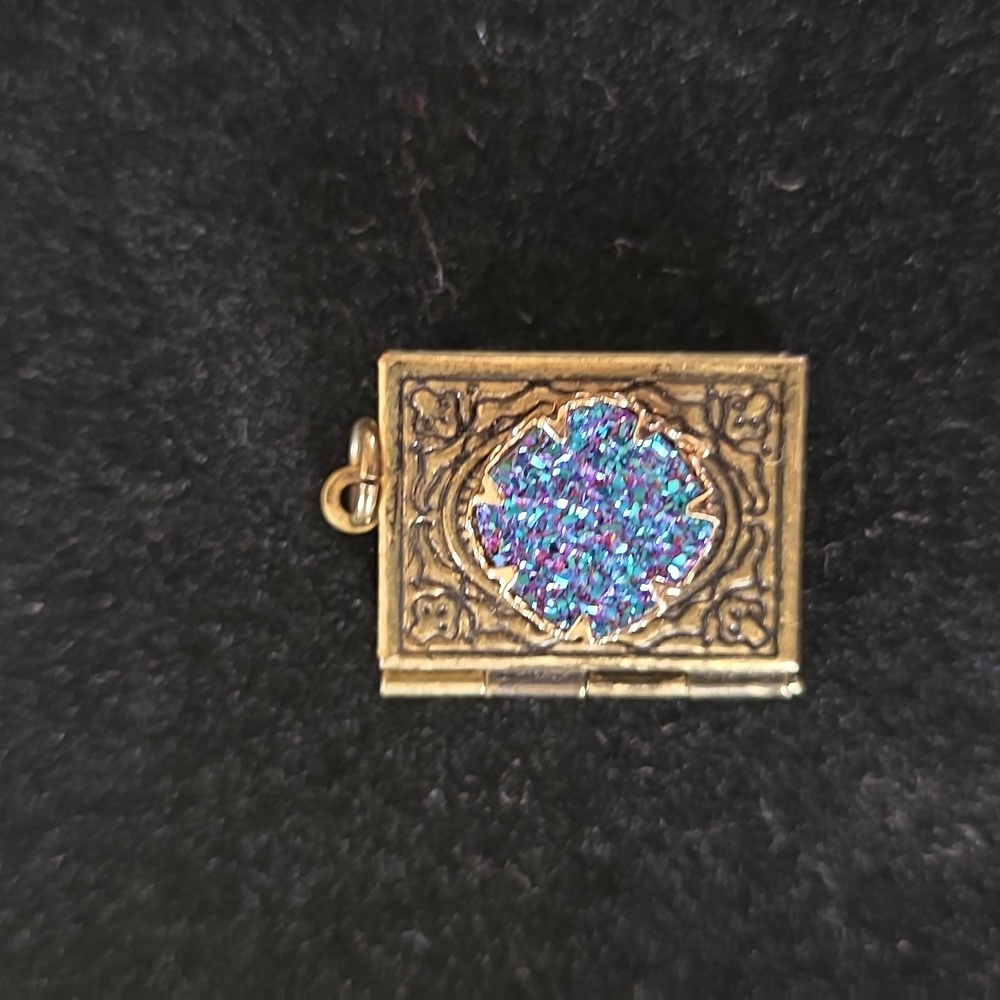Small, Brass-Toned Metal Locket with a Druzy Agate Stone